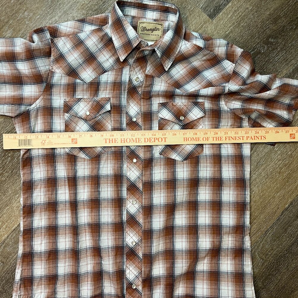Wrangler Western Brown Plaid Short Sleeve Shirt - Pearl Snap - Men's Large - Picture 3 of 9
